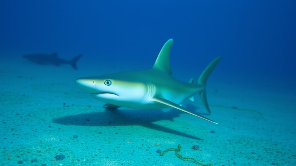 A photograph of an epaulette shark walking on the ocean floor, with a subtle gradient of blue and green hues to represent the underwater environment, and a few seaweed strands in the background to add context.