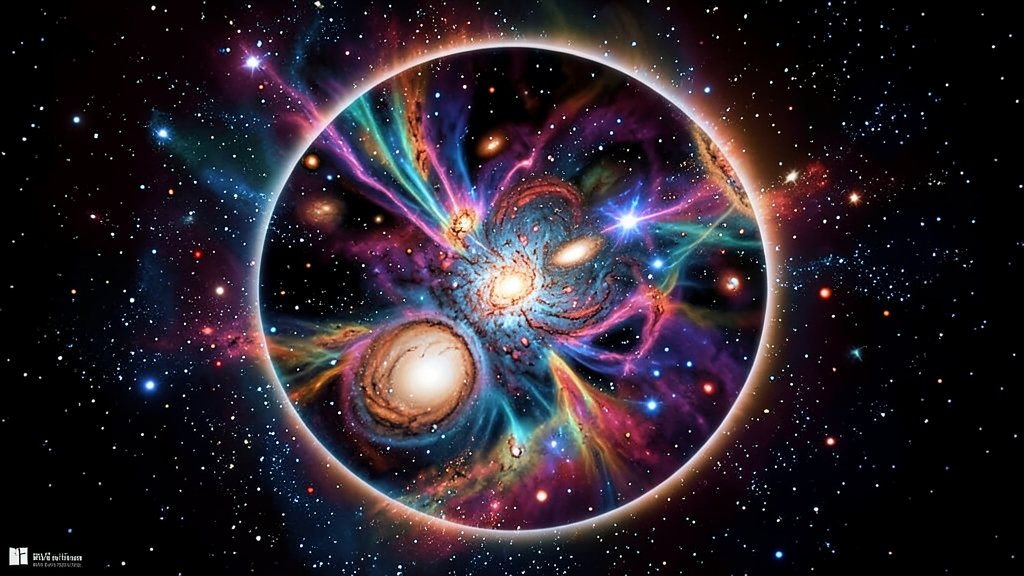 A detailed illustration of a cosmic lens revealing a distant galaxy cluster in the process of formation, with vibrant colors and intricate details.