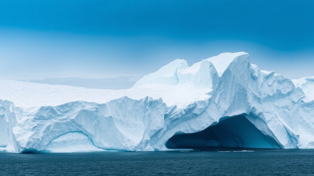 A dramatic image of a glacier in Greenland with a massive chunk of ice breaking off into the ocean, with a subtle hint of a hidden underground landscape