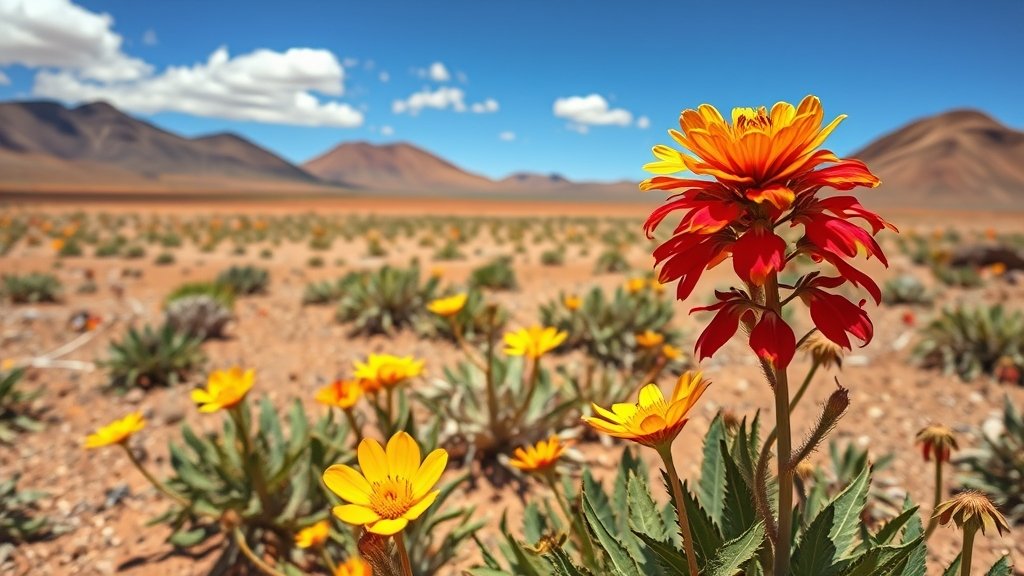 A surreal landscape of the Atacama Desert with vibrant flowers blooming in the foreground and a barren, Martian-like terrain in the background, under a clear blue sky with a few clouds.
