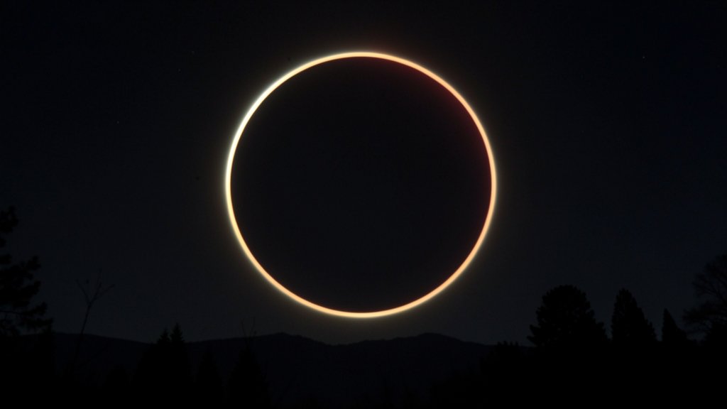 A dramatic image of an annular solar eclipse with a dark sky, a bright ring of light around the moon, and silhouetted trees or mountains in the foreground.