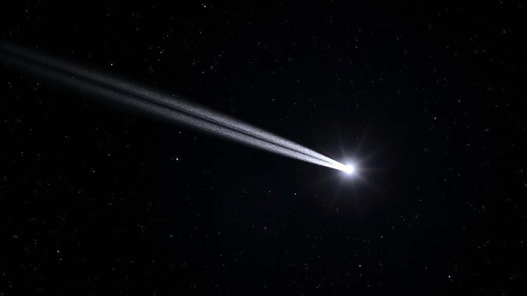 A high-resolution image of the interstellar comet 3I/ATLAS with a starry background, showcasing its unique geometry and tail structure.
