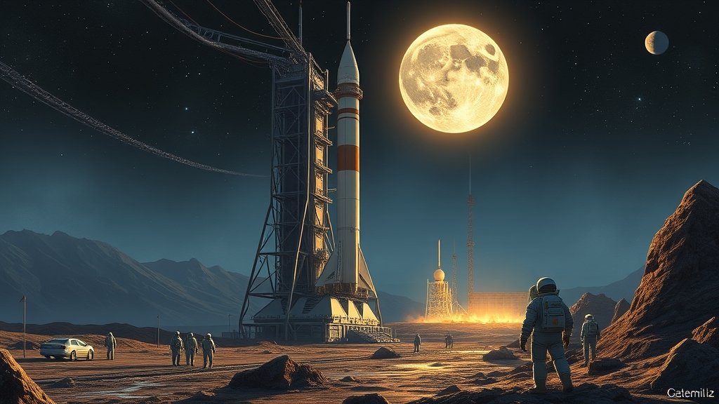 A detailed illustration of the Artemis 2 rocket on the launch pad, with astronauts in the background preparing for their mission to the moon