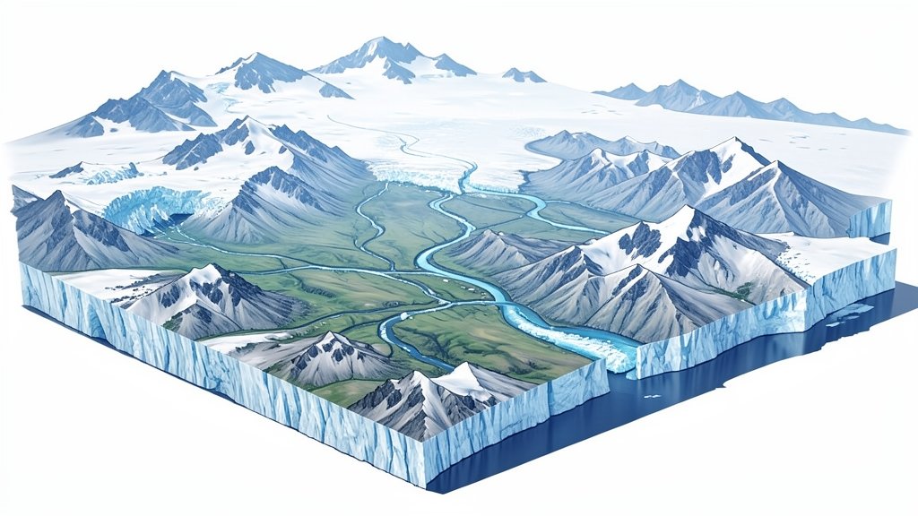 A detailed illustration of the Antarctic ice sheet with a transparent layer revealing the hidden landscape beneath, including mountains, valleys, and rivers.