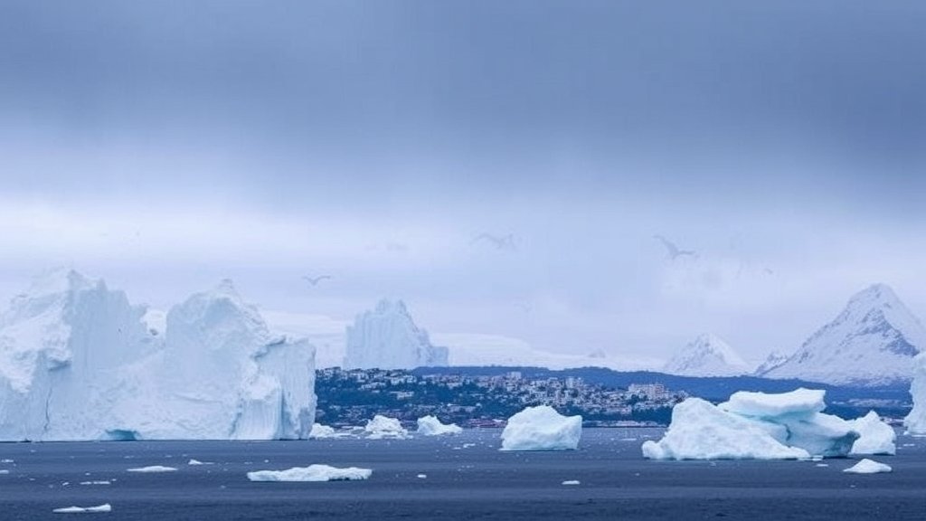 A dramatic image of Antarctica's ice sheets with a subtle background of a coastal city, highlighting the potential impact of ice sheet melting on global coastlines.