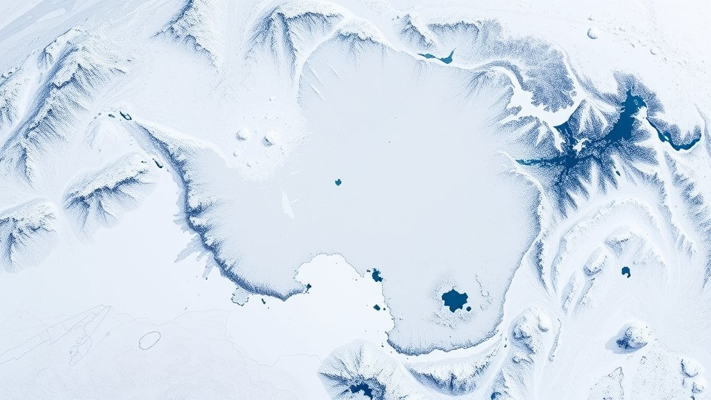A high-resolution satellite image of Antarctica's ice sheet with a transparent overlay revealing the hidden landscapes beneath, featuring mountains, valleys, and lakes.