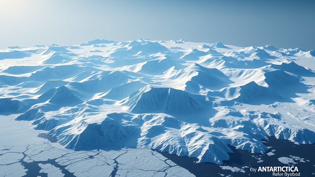 A 3D rendering of the newly discovered mountains under Antarctica, with a subtle glow to represent the hidden world beneath the ice.