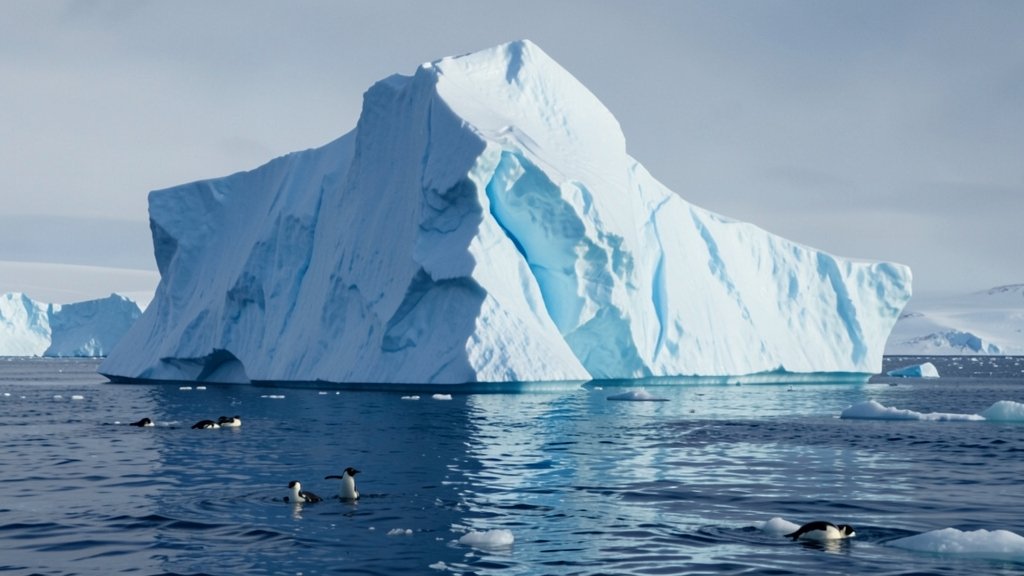 A massive iceberg with a blue tint, floating in the ocean, with a subtle background of melting ice and a few penguins swimming nearby
