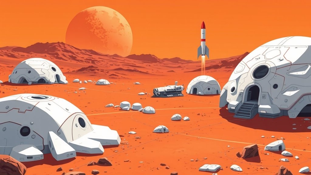 An illustration of a futuristic human settlement on Mars with ice domes and habitats, surrounded by a barren Martian landscape with a rocket ship in the background.