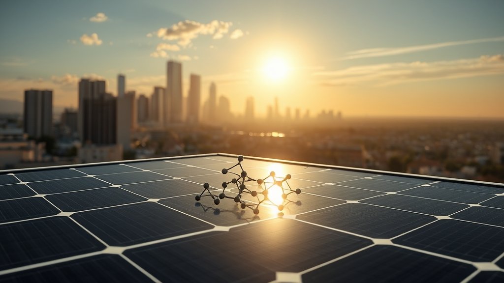 An illustration of a self-assembling molecule forming a pattern on a solar cell surface, with a cityscape in the background and a bright sun shining down.
