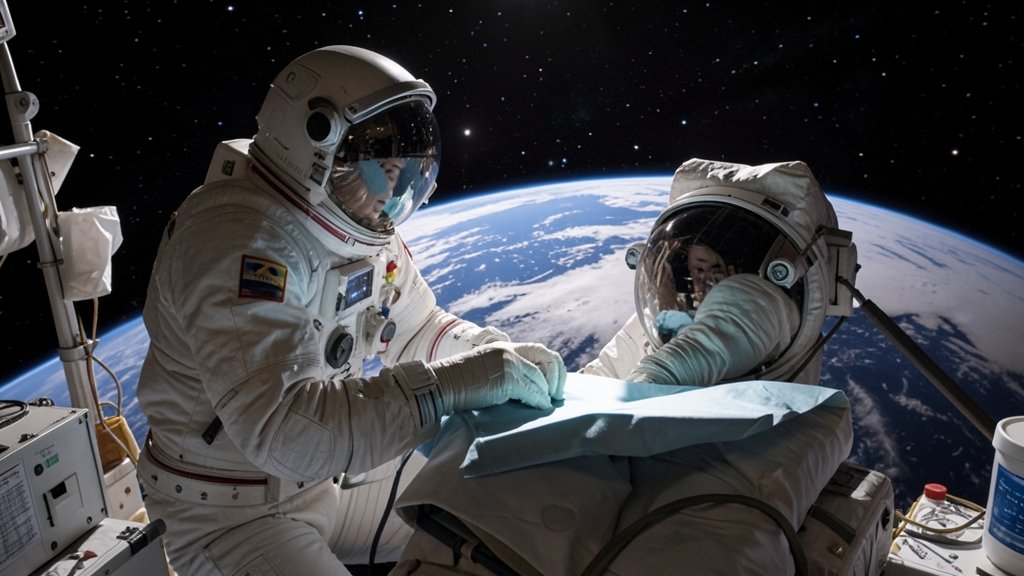 An image of an astronaut receiving medical treatment on the International Space Station, with a backdrop of Earth and the vastness of space.