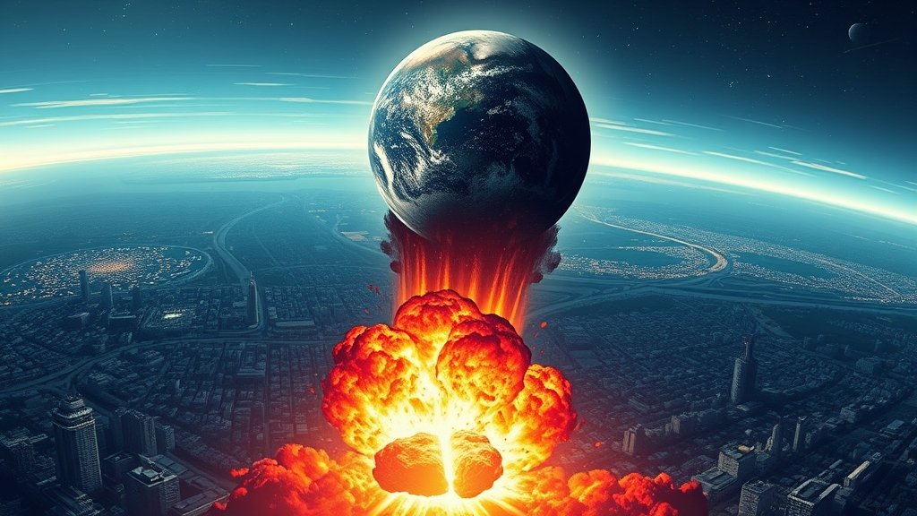 an illustration of an asteroid entering Earth's atmosphere, with a cityscape in the background and a massive explosion in the foreground, conveying the potential devastation caused by an asteroid impact