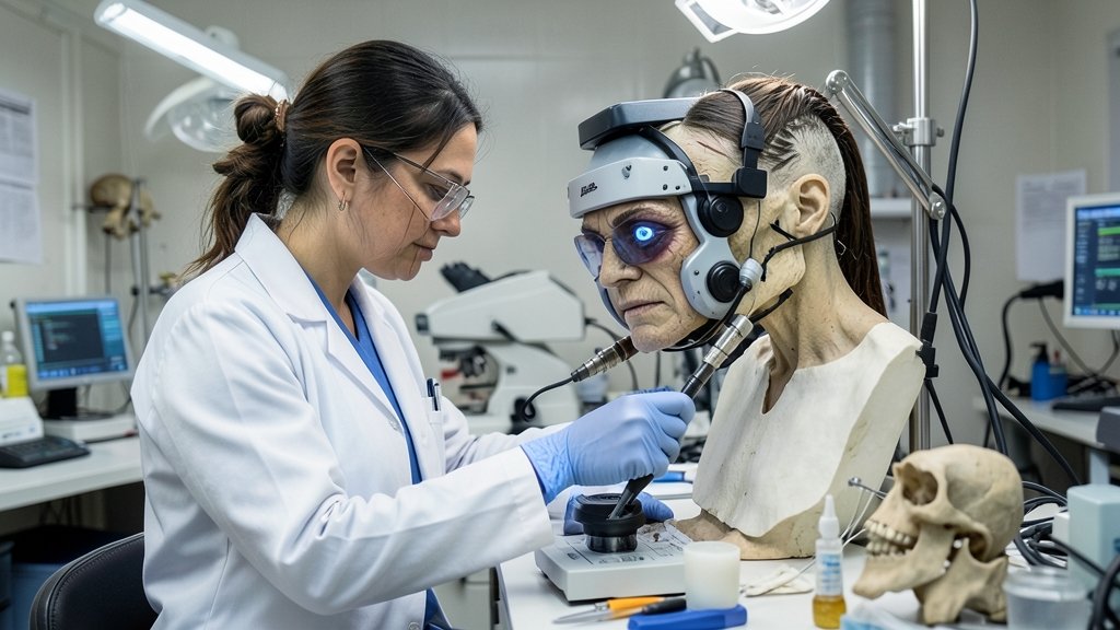 A detailed image of a scientist working in a laboratory, reconstructing the face of an ancient American using advanced technology and forensic techniques.