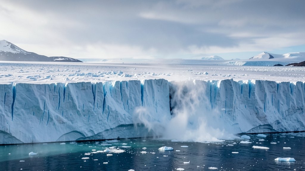 A dramatic image of Greenland's ice sheet with a massive glacier calving event in the foreground, symbolizing the impact of climate change on the region.