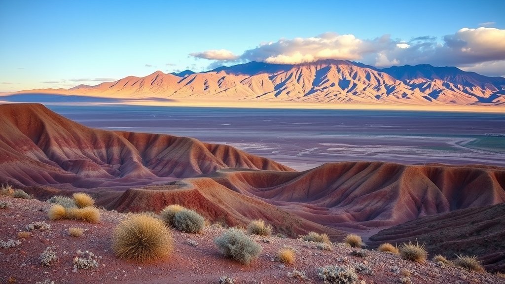 A dramatic landscape of the Atacama Desert with unique flora and fauna, highlighting its extreme conditions and the surprising presence of life.