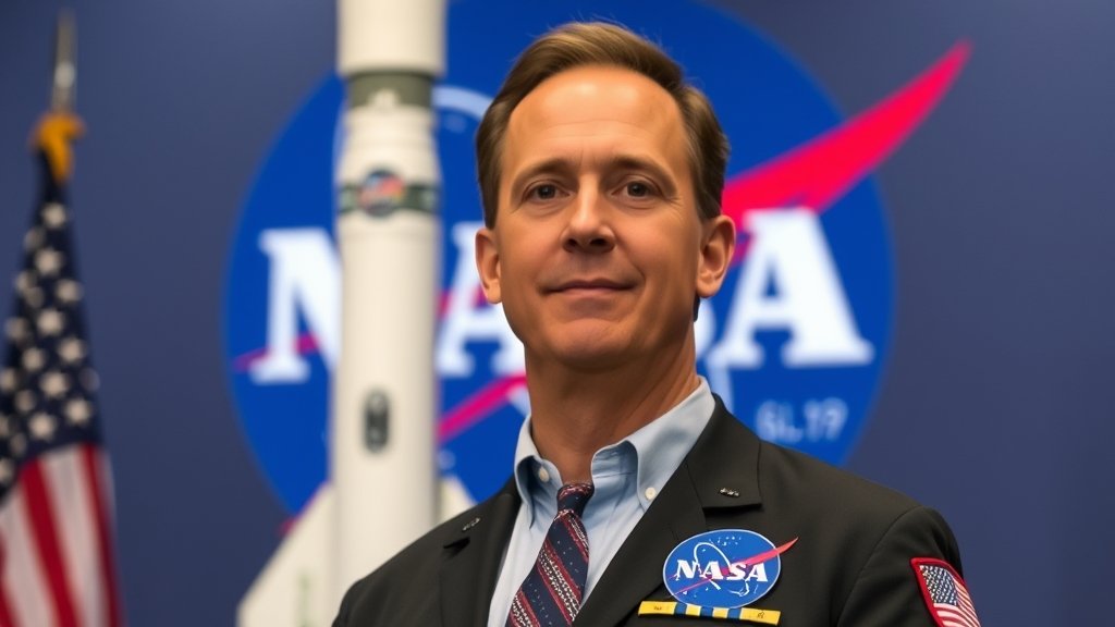A photo of NASA Administrator Jared Isaacman standing in front of a rocket, with a backdrop of the NASA logo and a subtle American flag pattern.