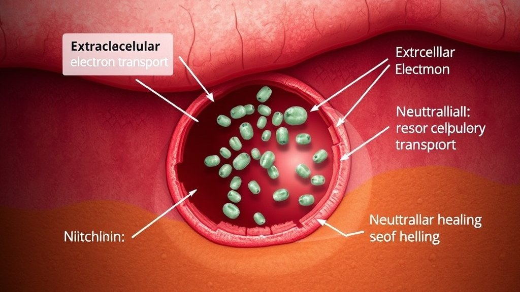 A detailed illustration of a wound with bacteria, showing the process of extracellular electron transport and the effect of neutralizing it to restore healing.