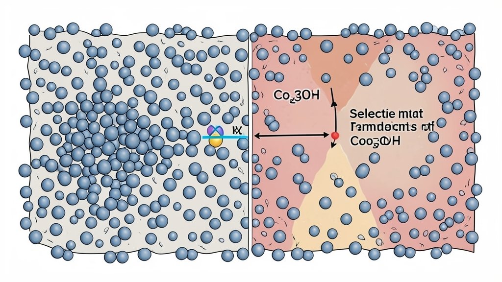 An illustration of a catalyst surface with Co₃O₄ particles, showing the transition state and the selective formation of products