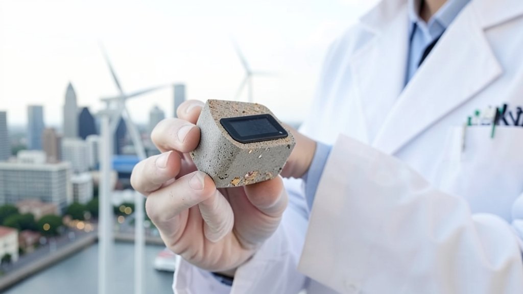 A scientist holding a small, sleek device made from a new material derived from cigarette butts, with a cityscape or a renewable energy source in the background.