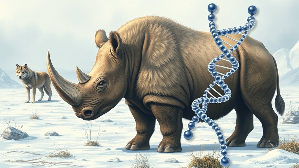 A realistic illustration of a woolly rhinoceros in its Ice Age habitat, with a wolf in the background, and a DNA double helix structure subtly integrated into the scene.