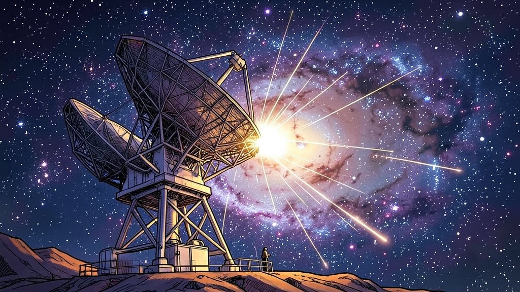 An illustration of the South Pole Telescope detecting energetic stellar flares near the center of the Milky Way galaxy, with a vibrant and detailed depiction of the telescope and the galaxy in the background.