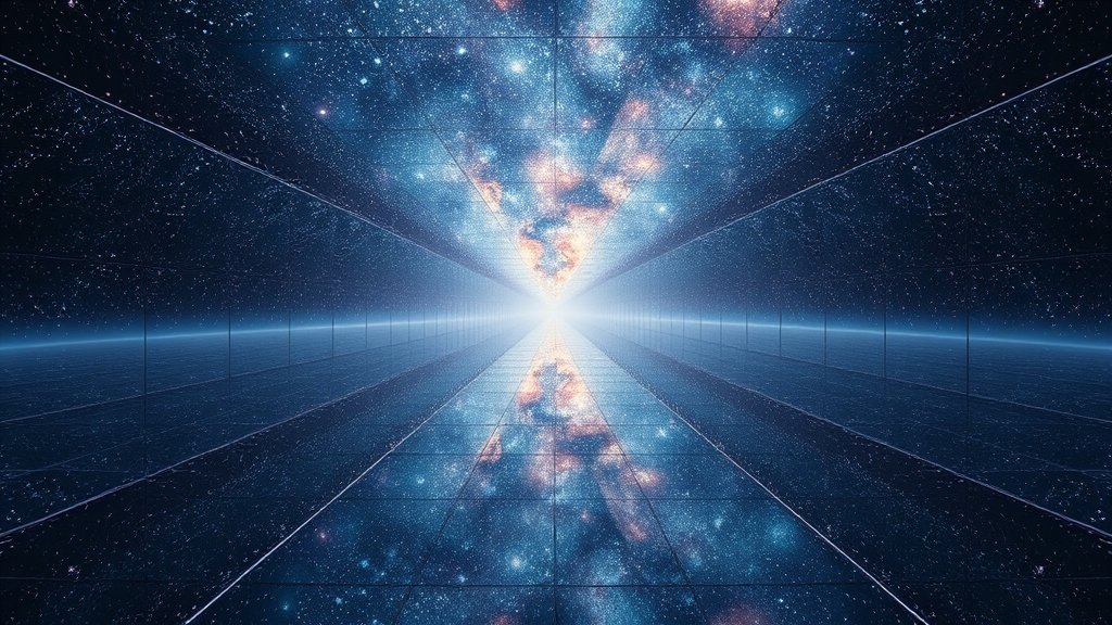 A surreal depiction of the universe as a hall of mirrors, with galaxies and stars reflected infinitely in the distance, conveying the idea of a cosmic illusion.