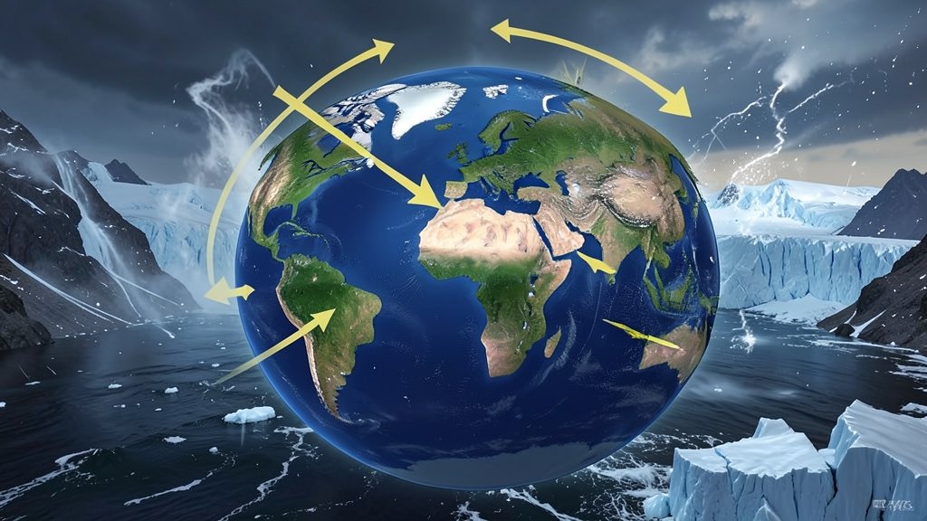 A visual representation of the Earth's tectonic plates shifting, with arrows indicating the movement and a background of a changing climate, such as melting glaciers or intense storms.