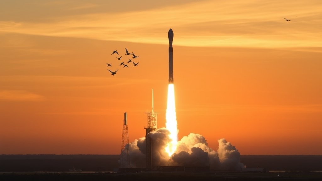 A detailed image of a SpaceX Falcon 9 rocket launching into the sky, with a cluster of Starlink satellites deploying in the background, set against a sunset sky with the Cape Canaveral launch site visible in the foreground.