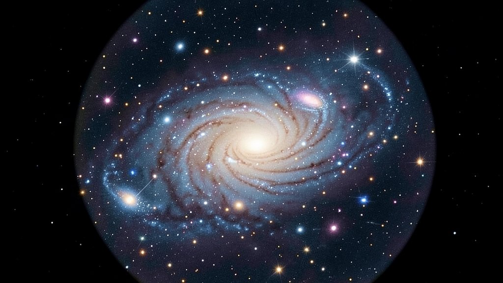 An artist's illustration of a young galaxy in the early universe, with stars and gas forming in a swirling vortex, as seen through the lens of the James Webb Space Telescope