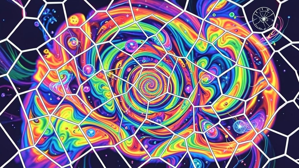 An illustration of a graphene lattice with a moire pattern, with colorful, swirling patterns representing superconductivity and quantum phenomena.