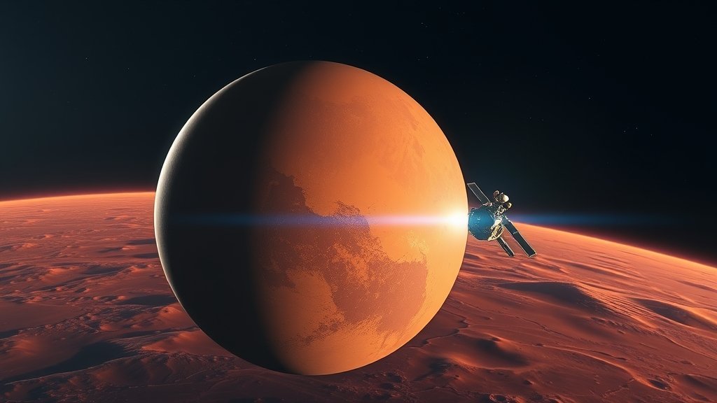 A high-resolution image of the Mars planet with a NASA spacecraft in the background, with a subtle glow to represent the re-establishment of contact.