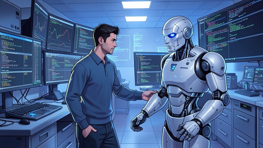 A futuristic illustration of a human and a robot collaborating in a laboratory, surrounded by screens displaying complex data and code.