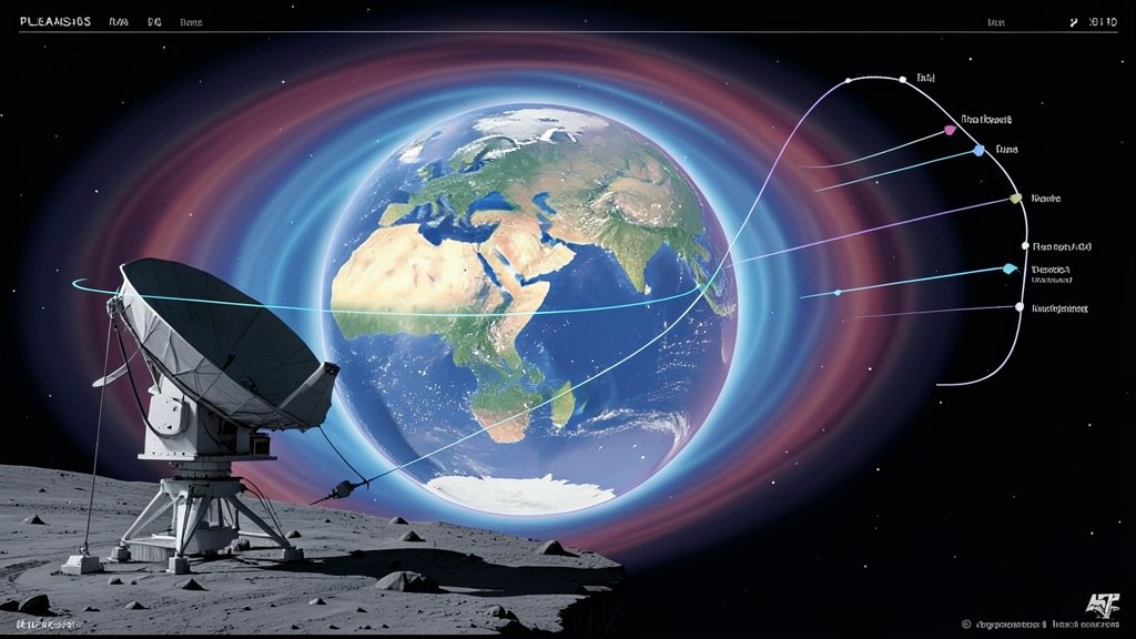 An illustration of the Earth's plasmasphere and ionosphere with the lunar surface in the background, highlighting the observation equipment and the data transmission process.