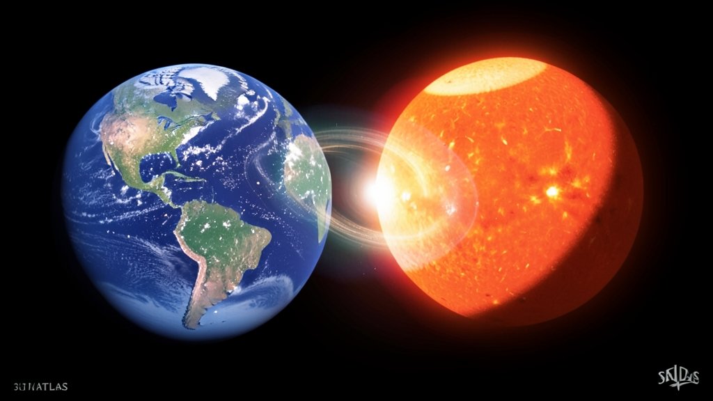 A detailed illustration of the 3I/ATLAS exocomet approaching the Sun, with the Earth and Sun in alignment, and a subtle glow around the comet to represent its rare 'full moon phase'