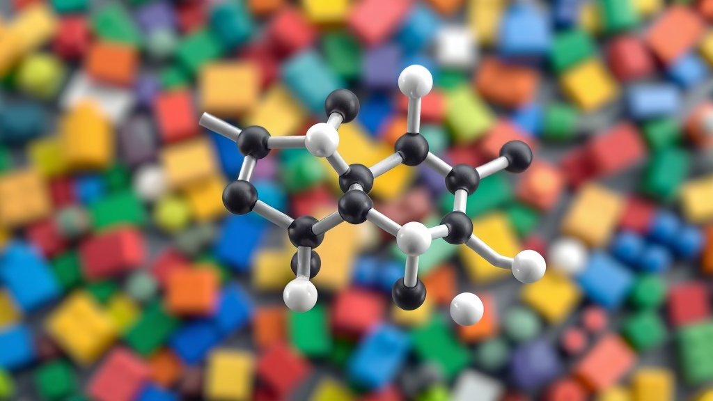 A 3D molecular model of a hyperpyramidalized alkene, with a background that represents the concept of building blocks in chemistry, such as Lego bricks or puzzle pieces.