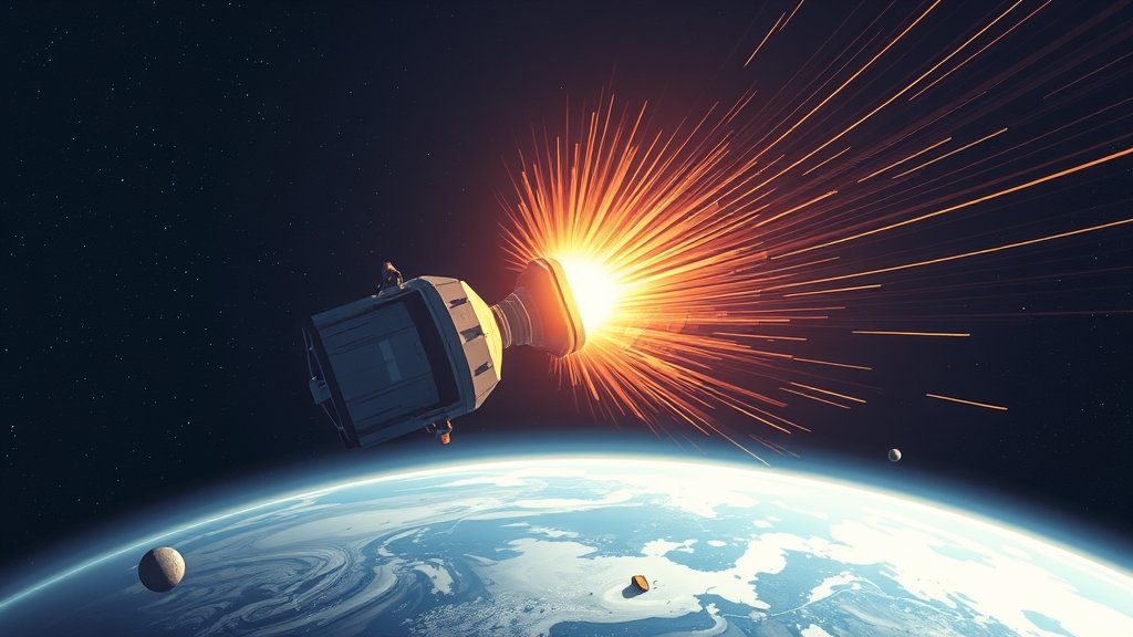 An illustration of a satellite in space with a sonic boom wave emanating from it, with the Earth in the background and a few pieces of space debris scattered around.