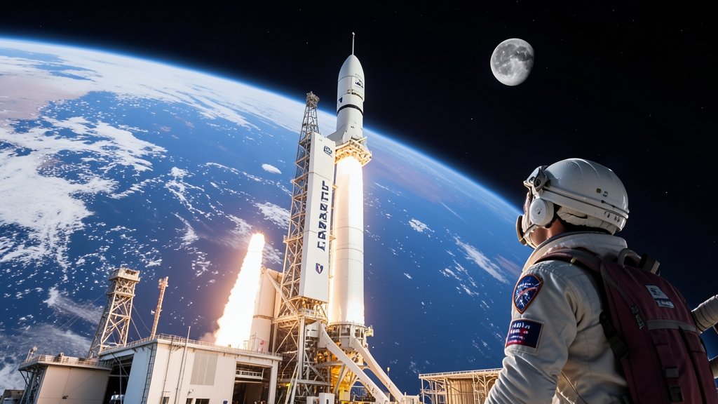 A high-resolution image of the Artemis II rocket launching from the Kennedy Space Center, with the Earth in the background and the Moon in the distance, with a NASA astronaut in the foreground looking up at the rocket.
