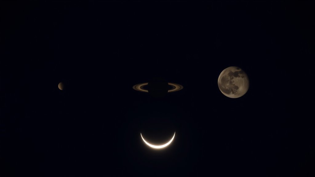 A rare triple conjunction of the Moon, Saturn, and Neptune in the night sky, with a crescent moon shining brightly below the two planets, set against a dark blue background with a few stars twinkling around them.