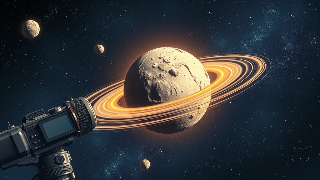 A detailed illustration of the world's largest camera spotting a fast-spinning giant asteroid in space, with stars and galaxies in the background.