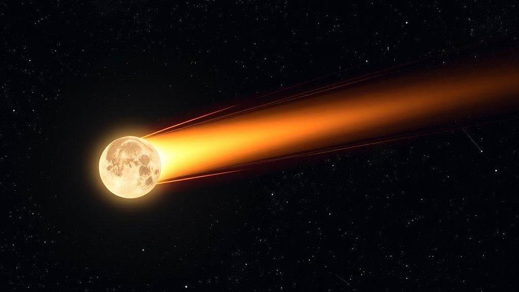 An illustration of the 3I/ATLAS comet with the Hubble Space Telescope in the background, showing the comet's rare full moon phase.