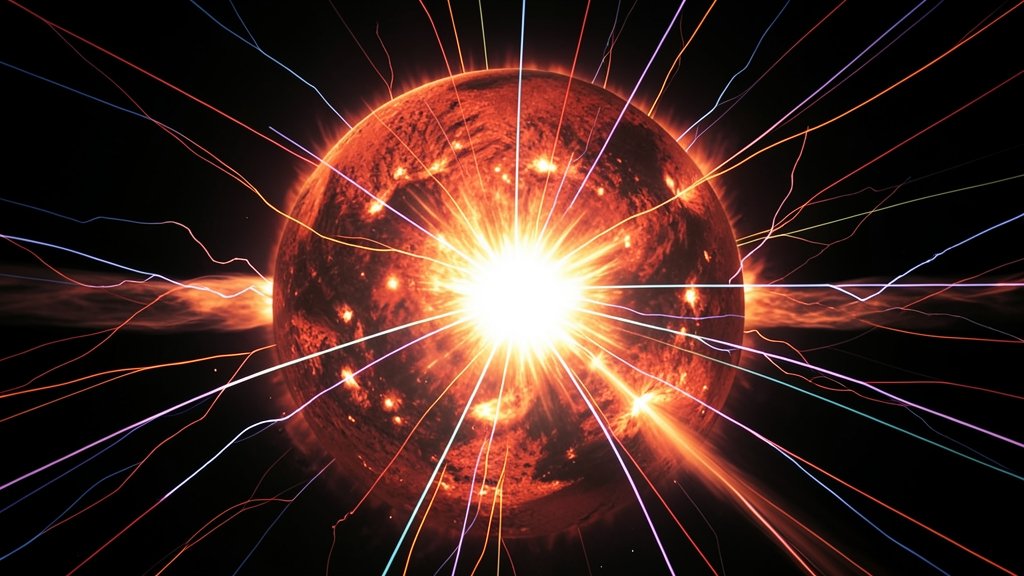 A detailed illustration of a solar flare exploding from the surface of the Sun, with magnetic field lines and energy bursts emanating from it.
