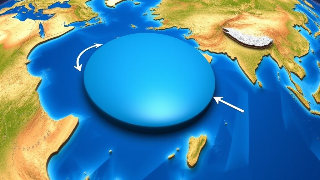 A 3D illustration of the ancient supercontinent with a large ocean in the center, surrounded by modern-day Asia and other continents, with arrows indicating the movement of tectonic plates.
