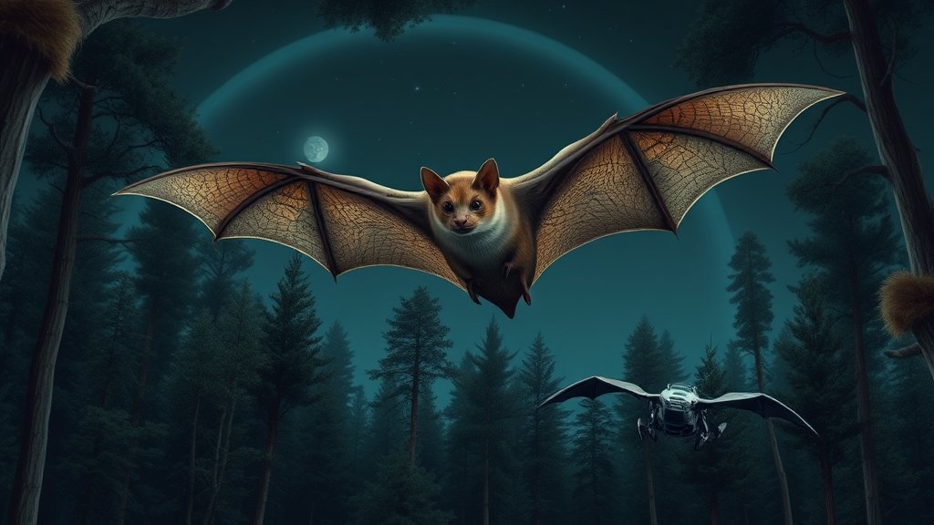 A detailed illustration of a bat in flight, using echolocation to navigate through a dark forest, with a robot bat in the background, highlighting the comparison between natural and artificial navigation systems