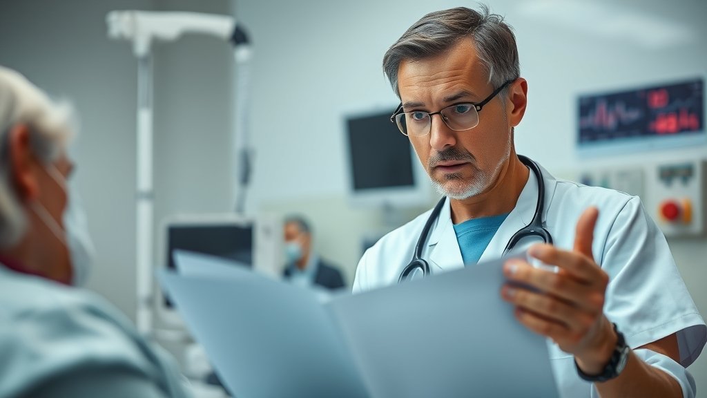 A medical professional looking at a patient's chart with a concerned expression, with a background of hospital equipment and a faint ECG reading.