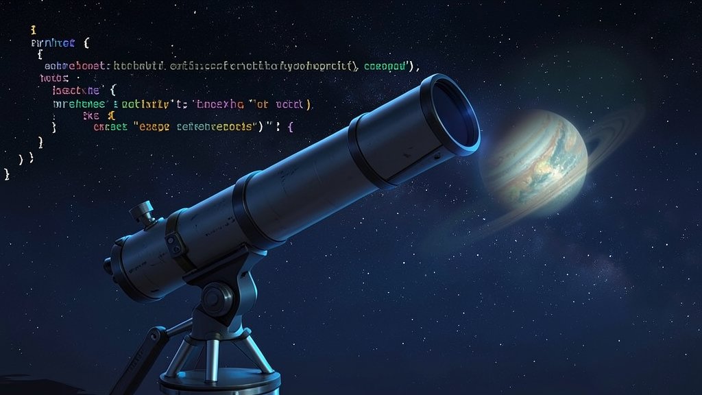 A futuristic illustration of a telescope observing the night sky, with a Python code snippet overlay and a subtle glow of a habitable exoplanet in the background