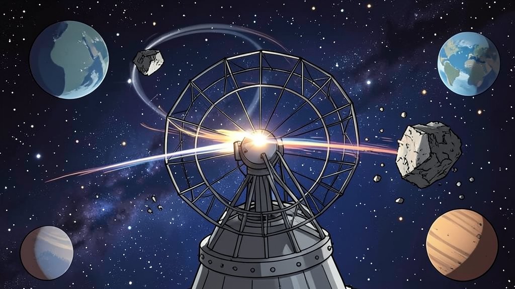 An illustration of a seismometer detecting a sonic boom from incoming space junk, with a background of stars and planets.