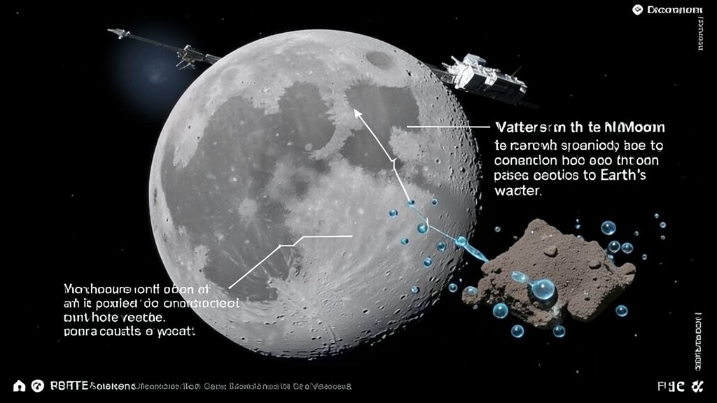 An illustration of the Moon's surface with a spaceship in the background, and a sample of lunar regolith with water molecules, highlighting the concept of water on the Moon and its possible connection to Earth's water.