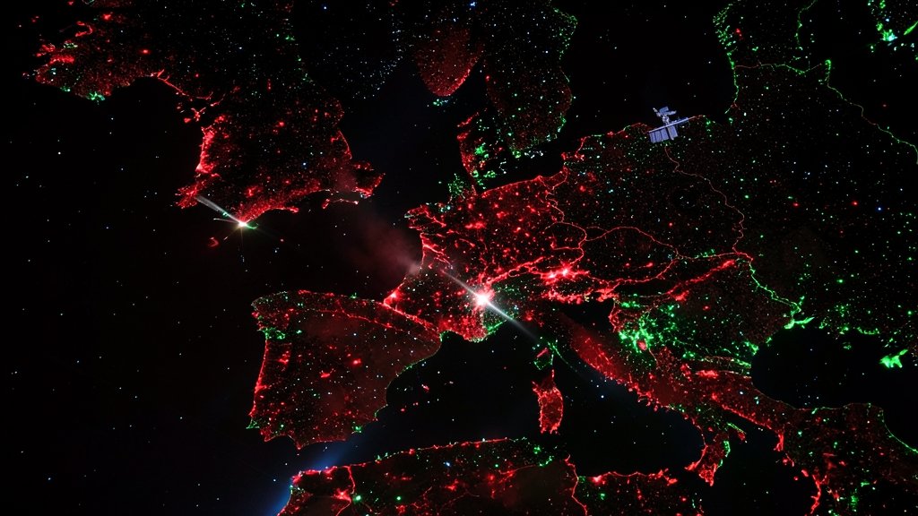 A breathtaking night sky view of the red and green lights captured by NASA over Europe, with the International Space Station in the background