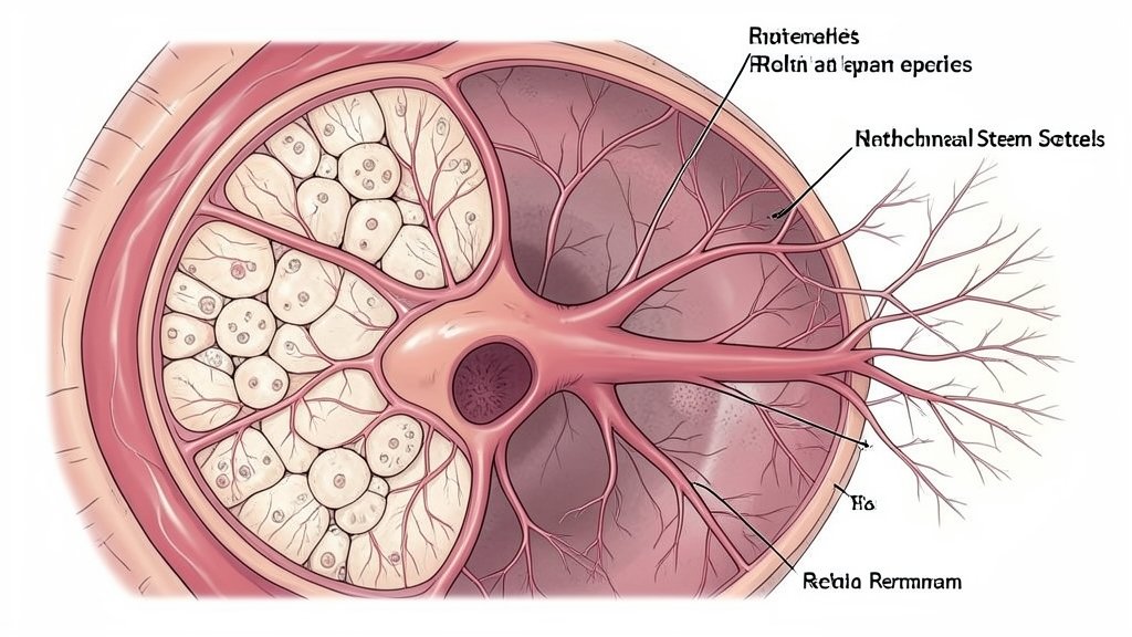 an illustration of endothelial stem cells in the optic nerve, with a detailed depiction of retinal vasculature formation