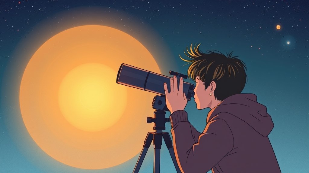 An illustration of a person looking through a telescope, with a subtle glow of invisible cosmic radiation in the background, symbolizing the exploration of the unseen universe.